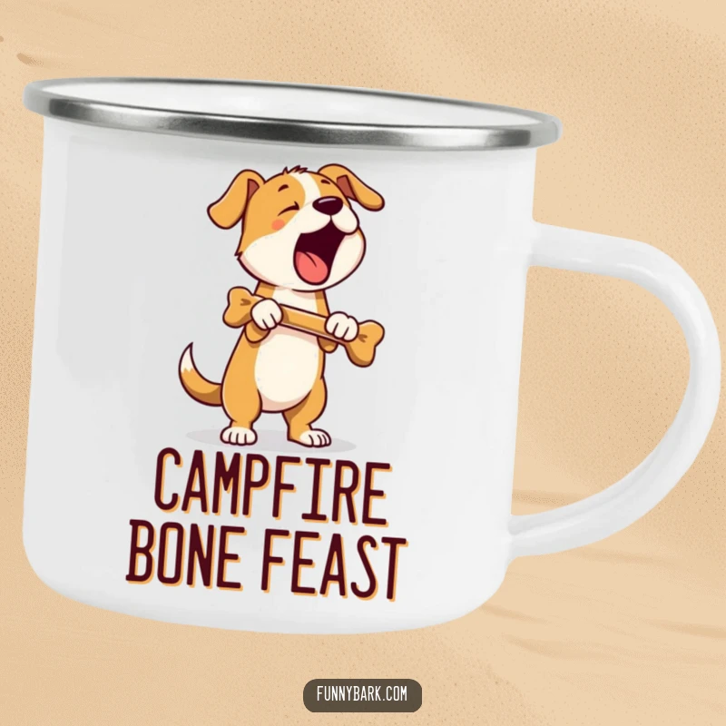 Funny enamel camping mug featuring a dog standing on hind legs, holding a bone, and barking loudly, perfect for triumphant outdoor humor.