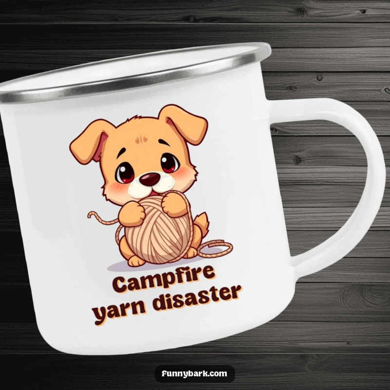 Funny dog camping mug, comically tangled in yarn, confused look, enamel finish, rustic and humorous.