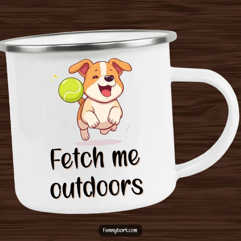 Funny dog camping mug with a dog mid-bark, chasing a tennis ball, perfect for outdoor enjoyment.