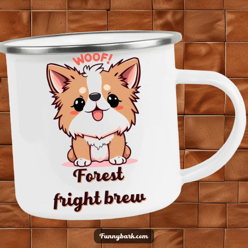 Funny Camping Mug, featuring a dog with fur on end, letting out a cartoonish WOOF!, bringing humorous surprise to outdoors.