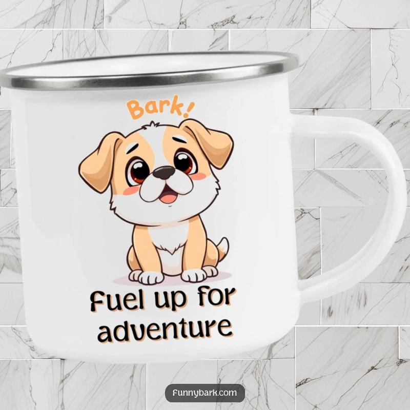Funny enamel camping mug with an expectant dog character and 'Bark Bark' text, bringing whimsical humor to outdoor trips.