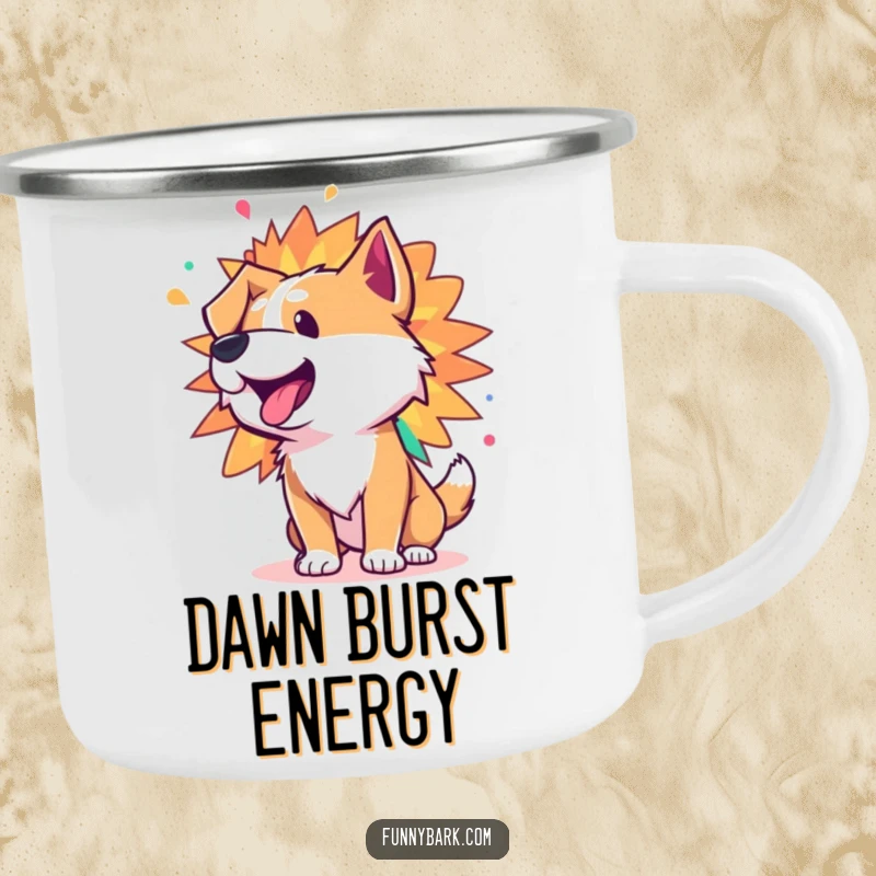 Funny camping mug with a dog character whose bark is a colorful explosion of vibrant energy, adding fun to trips.