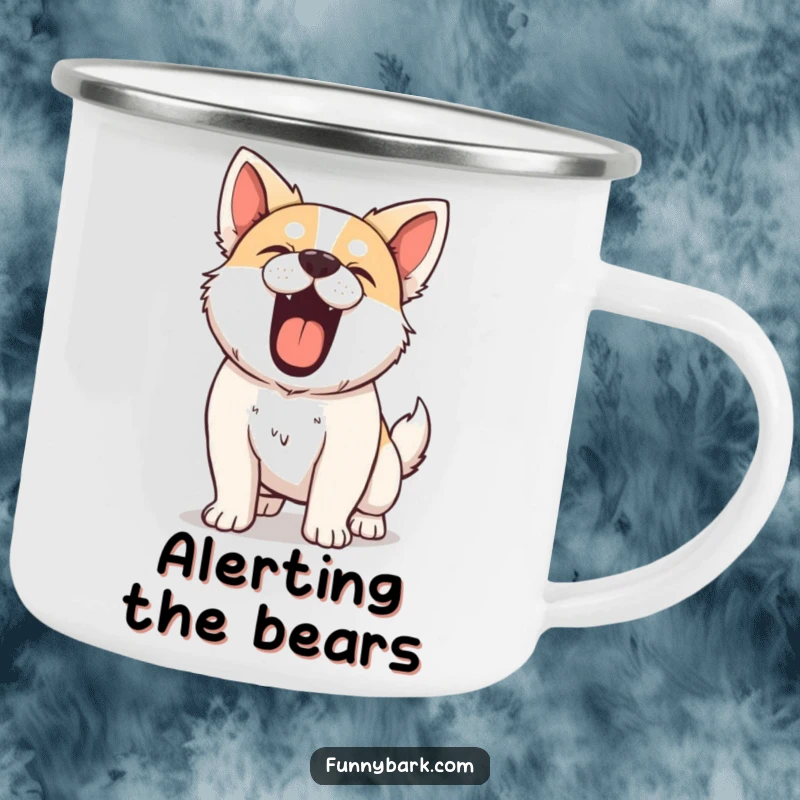 Funny Camping Mug, featuring a dog barking powerfully with its chest puffed out, bringing bold fun to outdoor breaks.