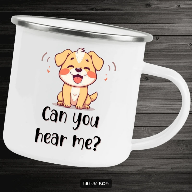 Funny Dog Camping Mug: A dog joyfully barking, with sound waves indicating happy woofs, perfect for camp coffee.