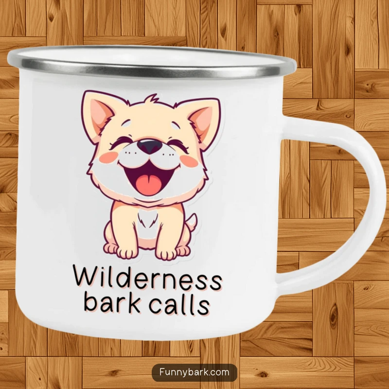 Funny enamel camping mug featuring a small dog character barking with joyful exuberance, ideal for outdoor enjoyment.