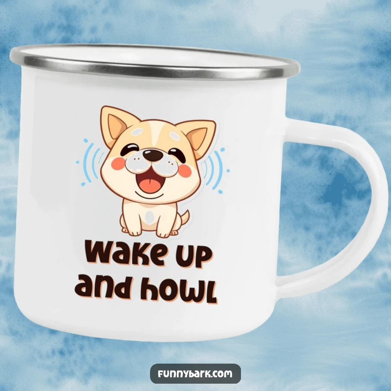 Funny camping mug, a stylized dog character barking loudly, its sound waves visible, perfect for outdoor brews and laughs.