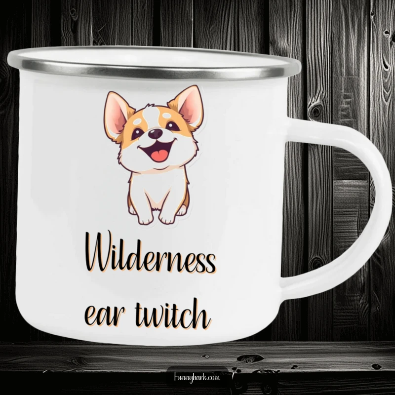 Funny camping mug with a dog's head tilted inquisitively, mid-yip, perfect for outdoor use and bringing a smile to any adventurer.