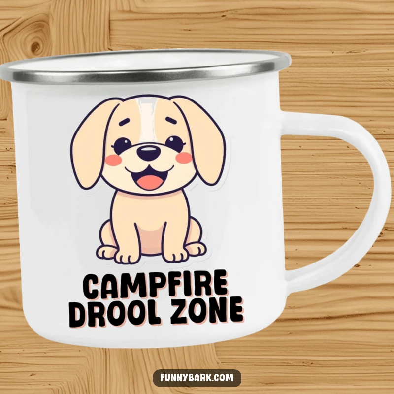 Funny camping mug: A dog silhouette with a wide, happy grin and droopy ears, ideal for outdoor enjoyment and humor.