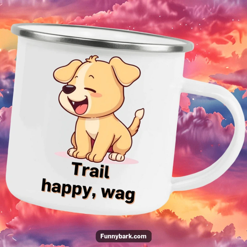 Funny camping mug showing a cartoon puppy with its tail wagging furiously and barking excitedly, perfect for outdoor enjoyment.