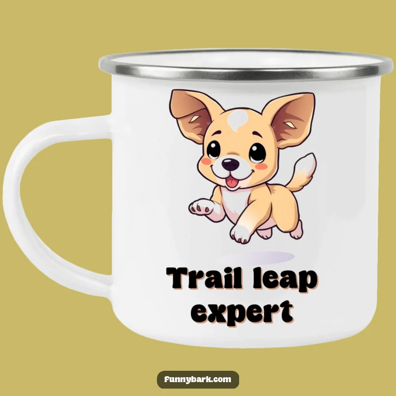 Funny Floppy Eared Dog Leap Camping Mug: Enjoy Outdoors with Hilarious Pup Energy, Gift!