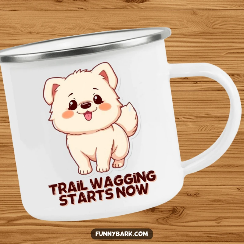 Funny camping mug: A fluffy dog character with a wildly wagging tail shows extreme excitement, perfect for outdoor laughs.