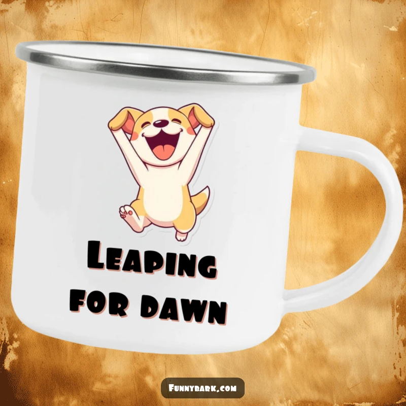 Funny camping mug featuring a dog character leaping energetically with mouth open, ready for your favorite beverage during outdoor escapades.