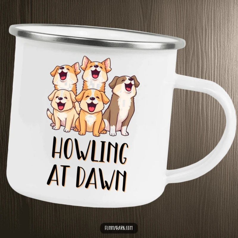 Funny camping mug with a group of dogs barking joyfully together, adding humor to outdoor adventures and campfires.