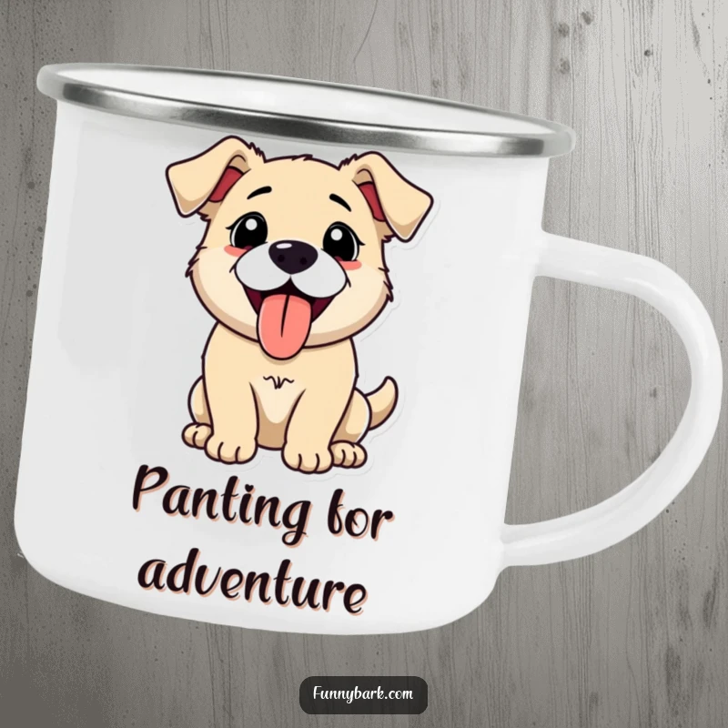 Funny camping mug featuring a dog happily panting with its tongue out, mid-bark, ready to hold your favorite beverage on any adventure.
