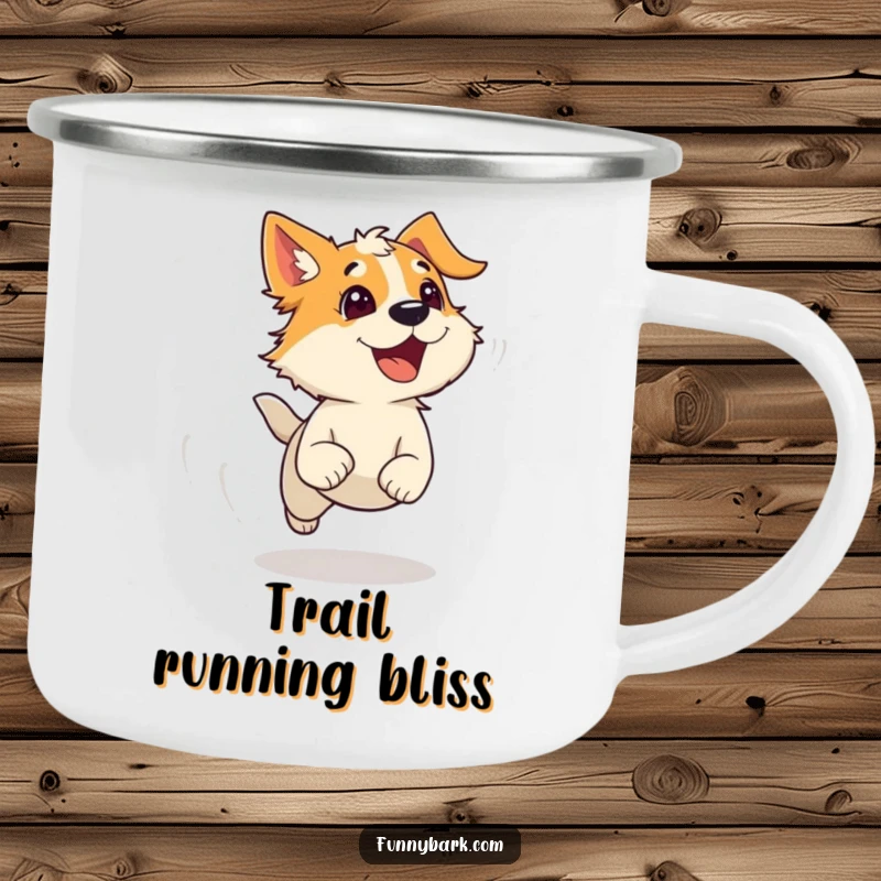 Funny enamel camping mug featuring a dog running with wind-blown fur and an escaping bark, perfect for adventurous humor.