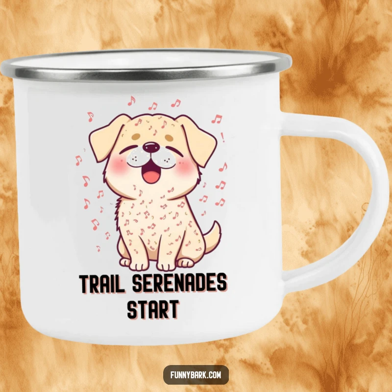 Funny camping mug featuring a happy dog singing outdoors, surrounded by musical notes, for hikers and campers.