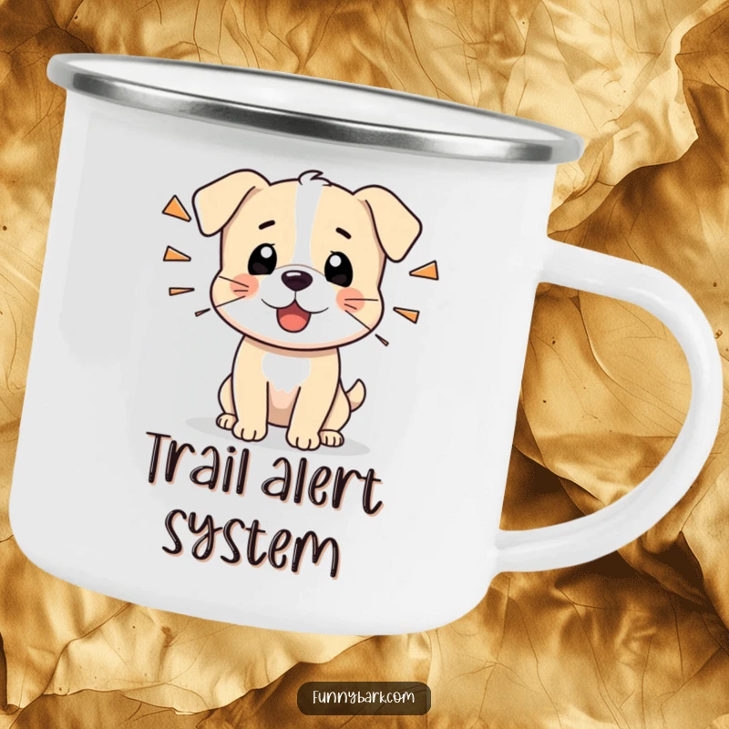 Funny camping mug with a tiny dog character barking sharply, perfect for humorous alertness and enjoyment during outdoor activities.