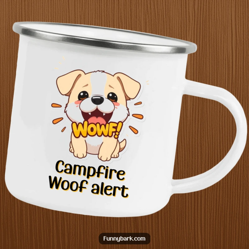 Funny camping mug showing a small dog with its mouth open, emitting a large 'Woof!' graphic, perfect for outdoor enjoyment.