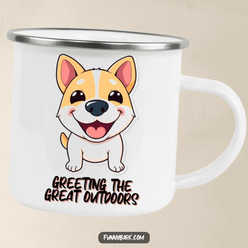 Funny Camping Mug featuring a dog with a wide, excited grin, appearing to shout greetings, for outdoors.