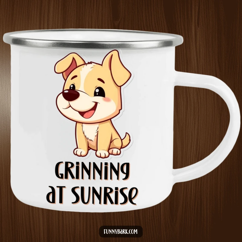 Funny camping mug featuring a dog character with a playful grin and tilted head, mid-bark, ready for your favorite beverage outdoors.