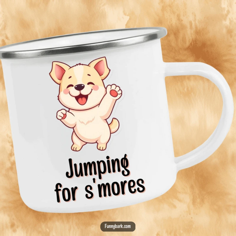 Funny camping mug: A playful dog mid-jump with one paw raised, exuding excitement for outdoor adventures, a funny gift.