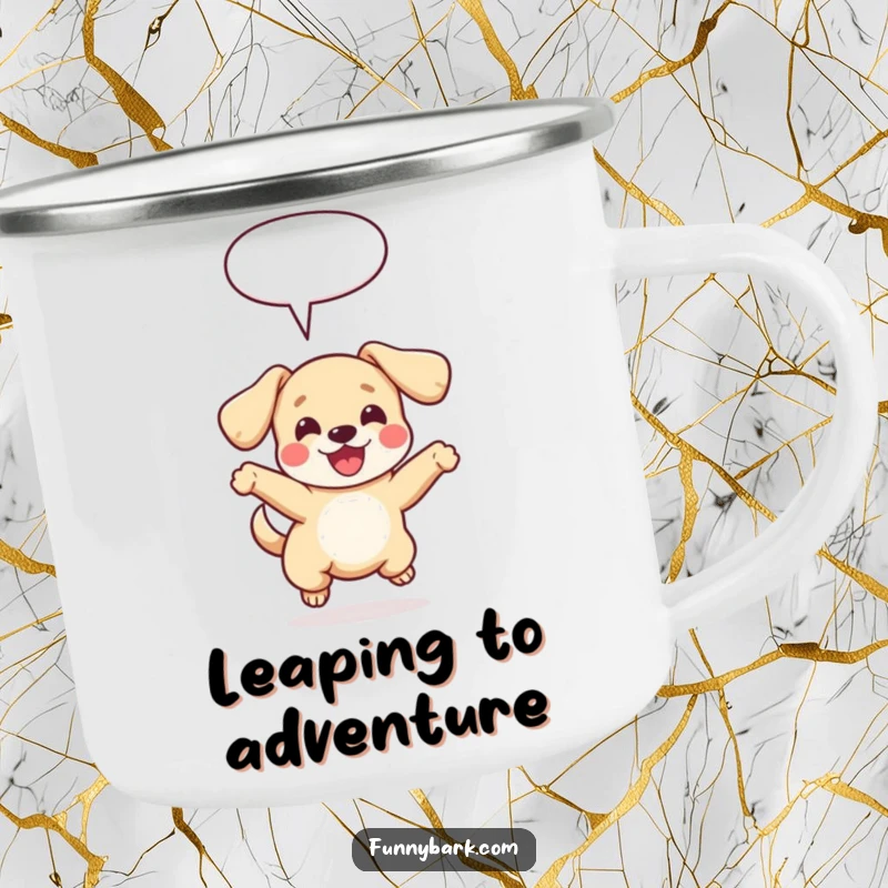 Funny camping mug featuring a small dog with floppy ears leaping joyfully, a speech bubble above, perfect for outdoor adventures.