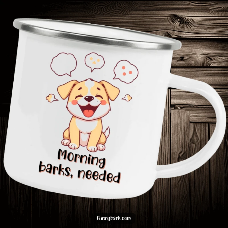 Funny camping mug showing a cartoon puppy barking, designed for outdoor use and bringing humor to adventures, durable and light.