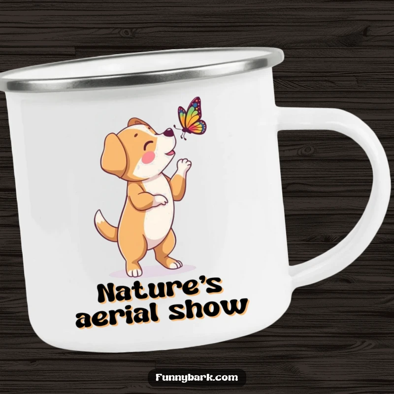 Funny enamel camping mug featuring a dog character on hind legs, barking at a butterfly, ideal for outdoor enjoyment.