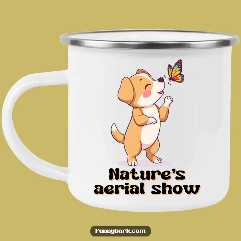 Funny Dog Butterfly Bark Camping Mug: Hind Legs Character - Outdoor Pet Gift