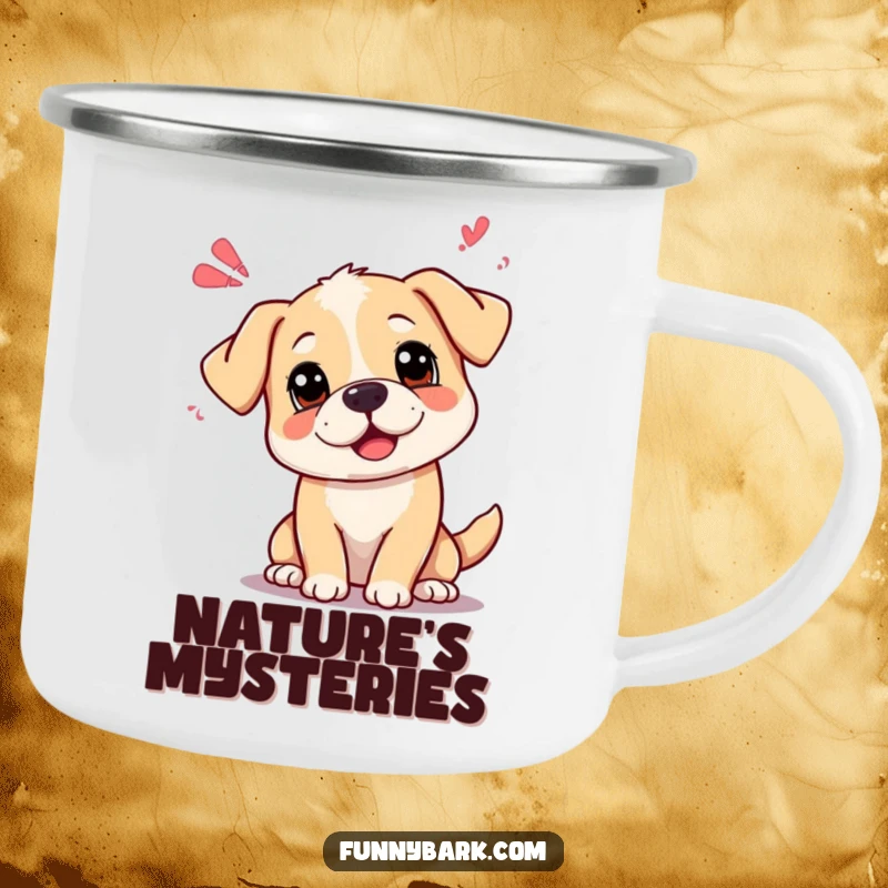 Funny curious dog camping mug with head tilted, emitting playful sound waves, perfect for outdoor thought.