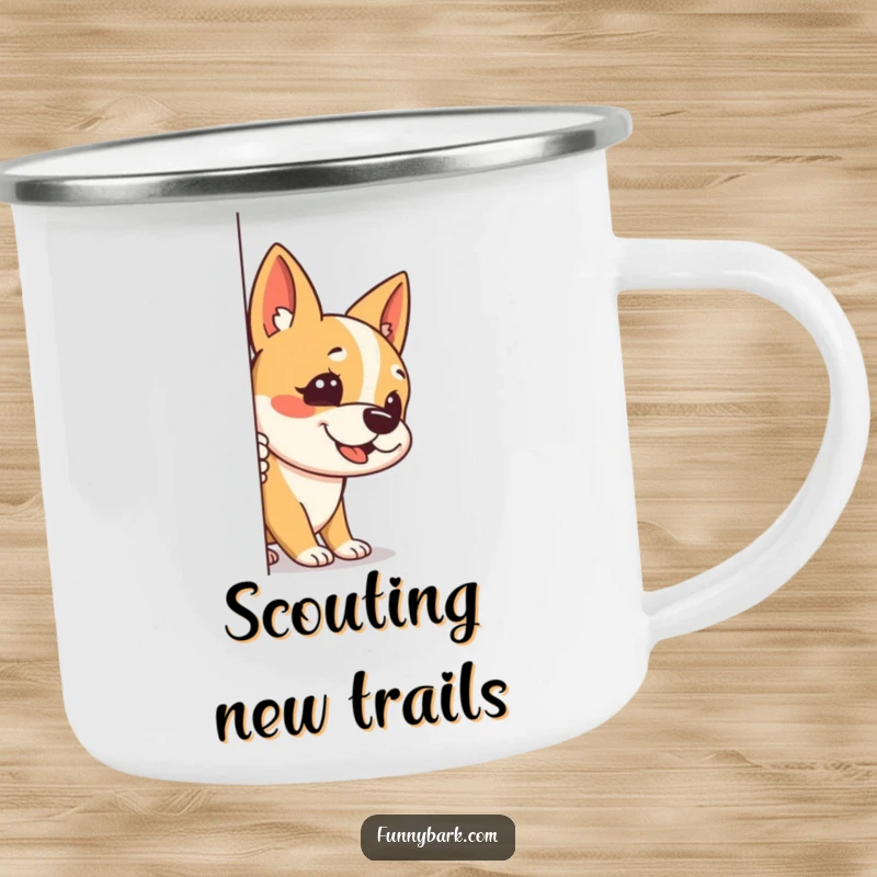 Funny enamel camping mug featuring a dog peeking around a corner, one ear up, with a stealthy bark, perfect for humorous adventures.