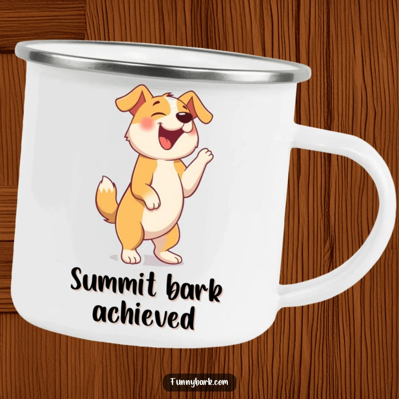 Funny camping mug with a dog standing on hind legs, barking with hilarious abandon, adding joy to outdoor trips.