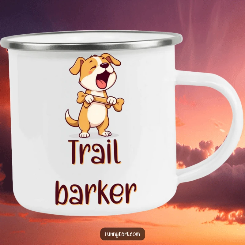 Funny camping mug with a dog standing on hind legs, holding a bone, and barking; durable and humorous outdoor drinkware.