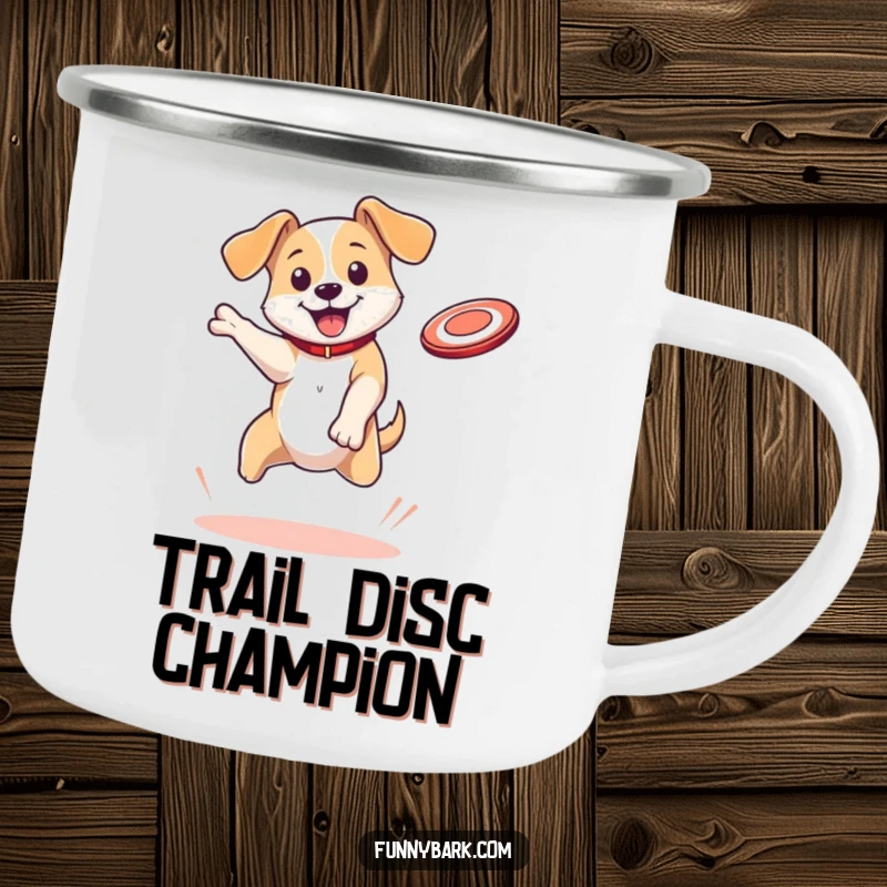 Funny Dog Camping Mug: A bouncing dog with floppy ears leaps to catch a flying disc, ideal for outdoor enthusiasts and fetch fanatics.