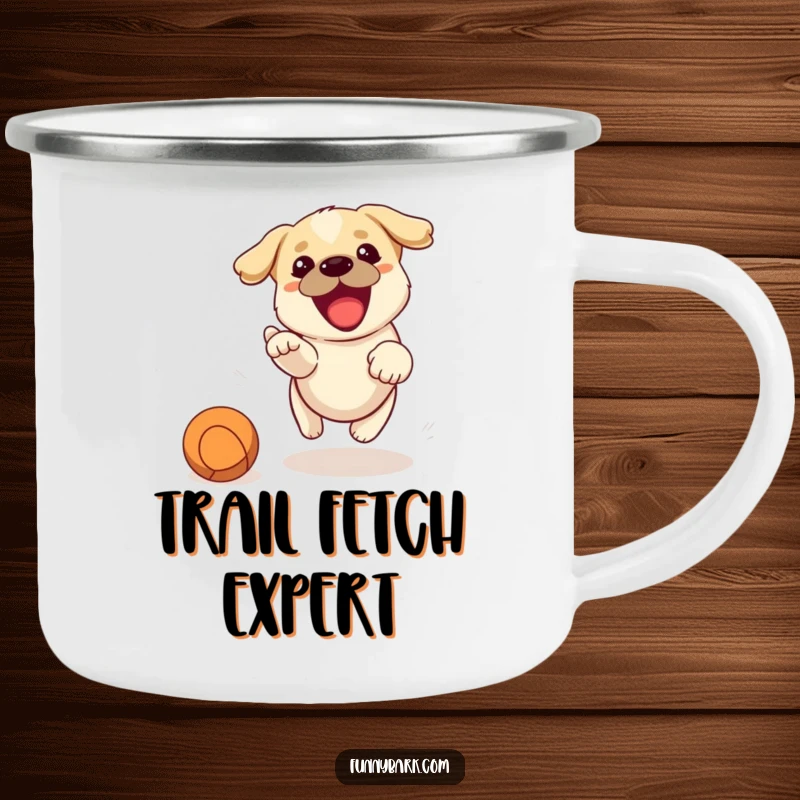 Funny camping mug displaying an energetic dog barking with excitement while chasing a thrown ball, ready for adventure.
