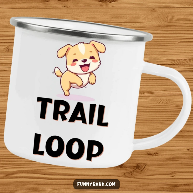 Funny dog camping mug featuring a small dog happily spinning and chasing its tail, ready for outdoor fun.