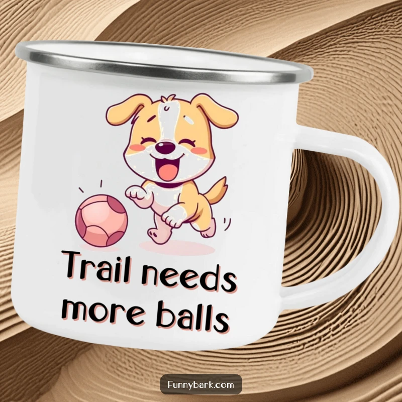 Funny dog mid-run, tongue out, chasing a rolling ball, on a rugged camping mug.