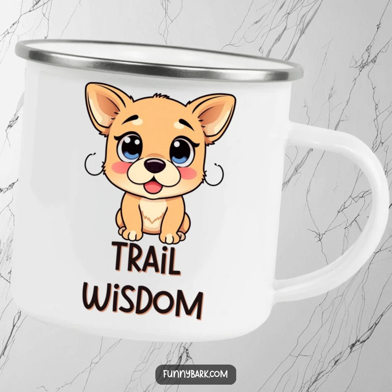 Funny Dog Proclamation Camping Mug: A dog with large, soulful eyes looks ready to declare something, perfect for outdoor chats.