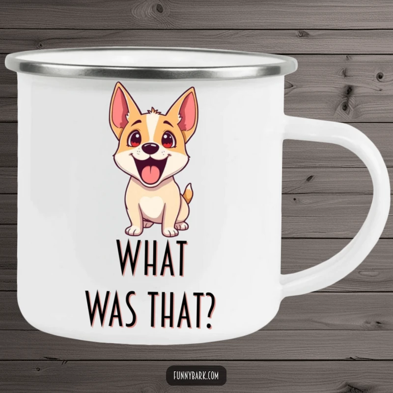 Funny Dog Camping Mug: A dog with its head tilted and ears perked, showing great excitement for camping trips.