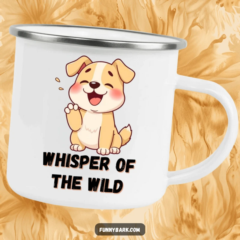 Funny camping mug of a cartoon dog muffled bark into its paw, perfect for outdoor enthusiasts and as a humorous, cute gift.