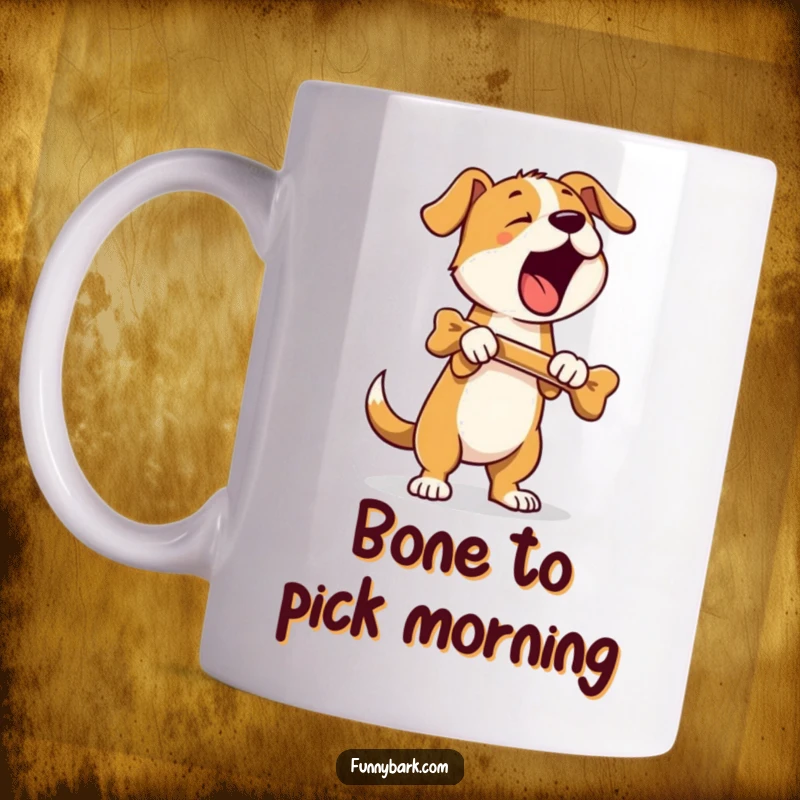 Funny mug depicting a dog standing on hind legs, triumphantly holding a bone and letting out a loud bark.