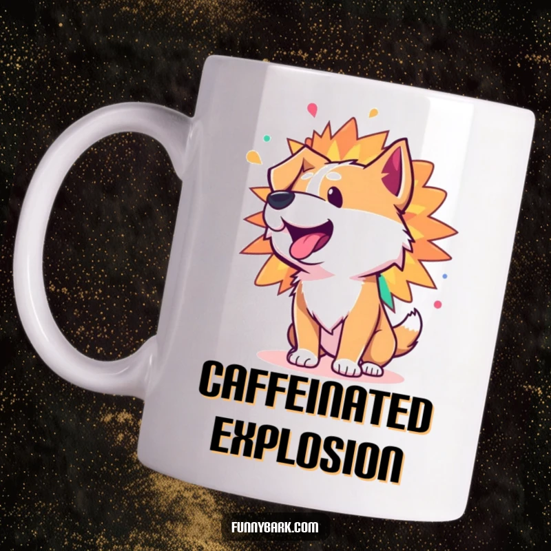 Funny mug showing a dog character whose bark is a spectacular, colorful burst of vibrant energy and joyful chaos.