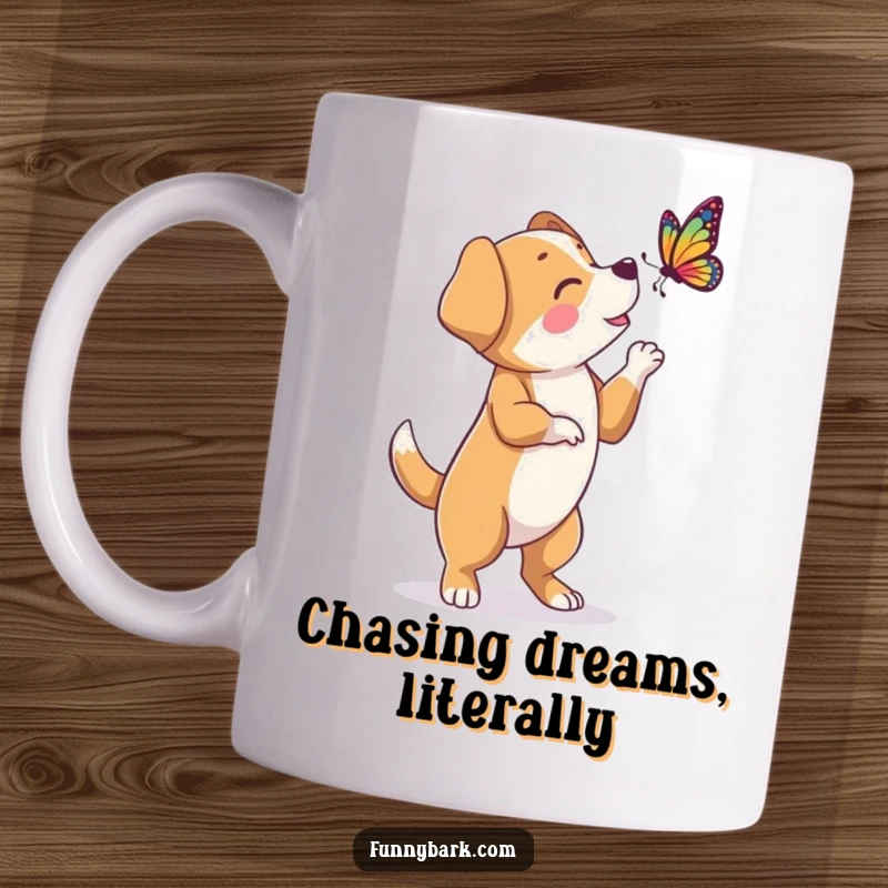 Funny mug featuring a dog character standing upright on hind legs, enthusiastically barking at a delicate butterfly.