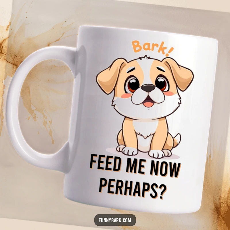 Funny mug featuring a cute dog character looking up expectantly with 'Bark Bark' text, capturing a universally understood doggy plea.
