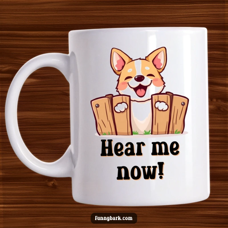 Funny Barking Dog Mug: A dog playfully peeking over a fence, barking with enthusiastic energy and mischief.