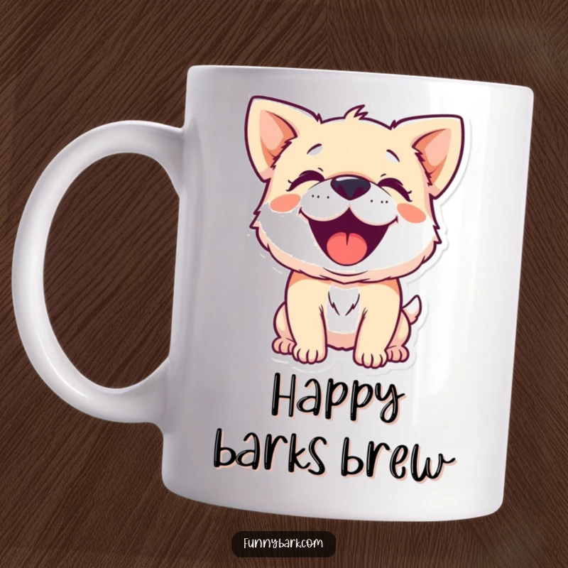 Funny mug featuring a small, happy dog character barking with immense joyful exuberance, tail wagging with delight.