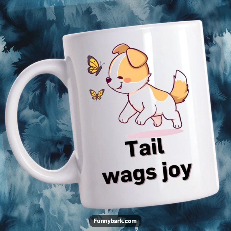 Funny Dog Mug: A dog with its tail wagging furiously, joyfully chasing a colorful butterfly, full of excitement.