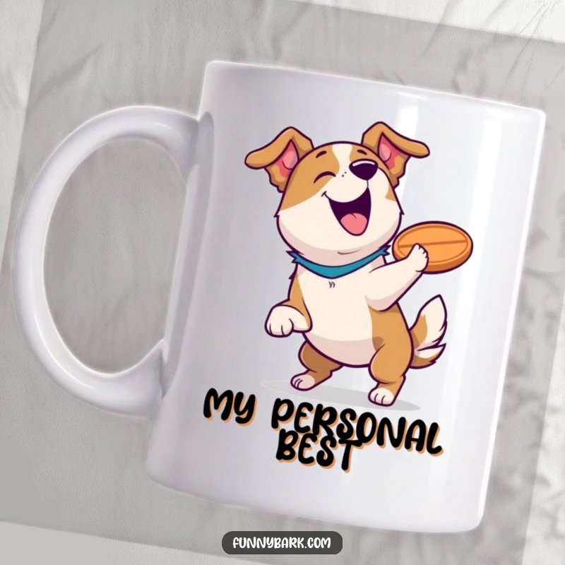 Funny dog mug showing a happy dog mid-bark, frisbee in mouth, triumphantly celebrating a successful catch with pure joy.