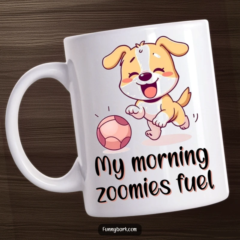Funny dog excitedly barking and chasing a rolling ball, capturing pure playful energy on a mug.