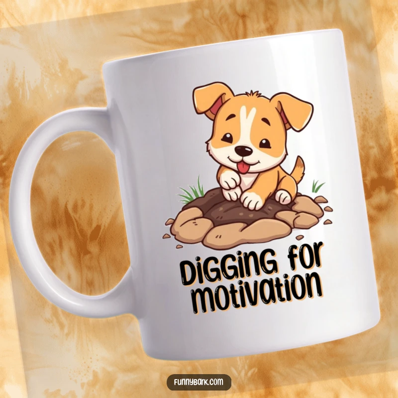 Funny dog mug, enthusiastically digging a shallow hole with its paws, dirt flying, pure canine effort.